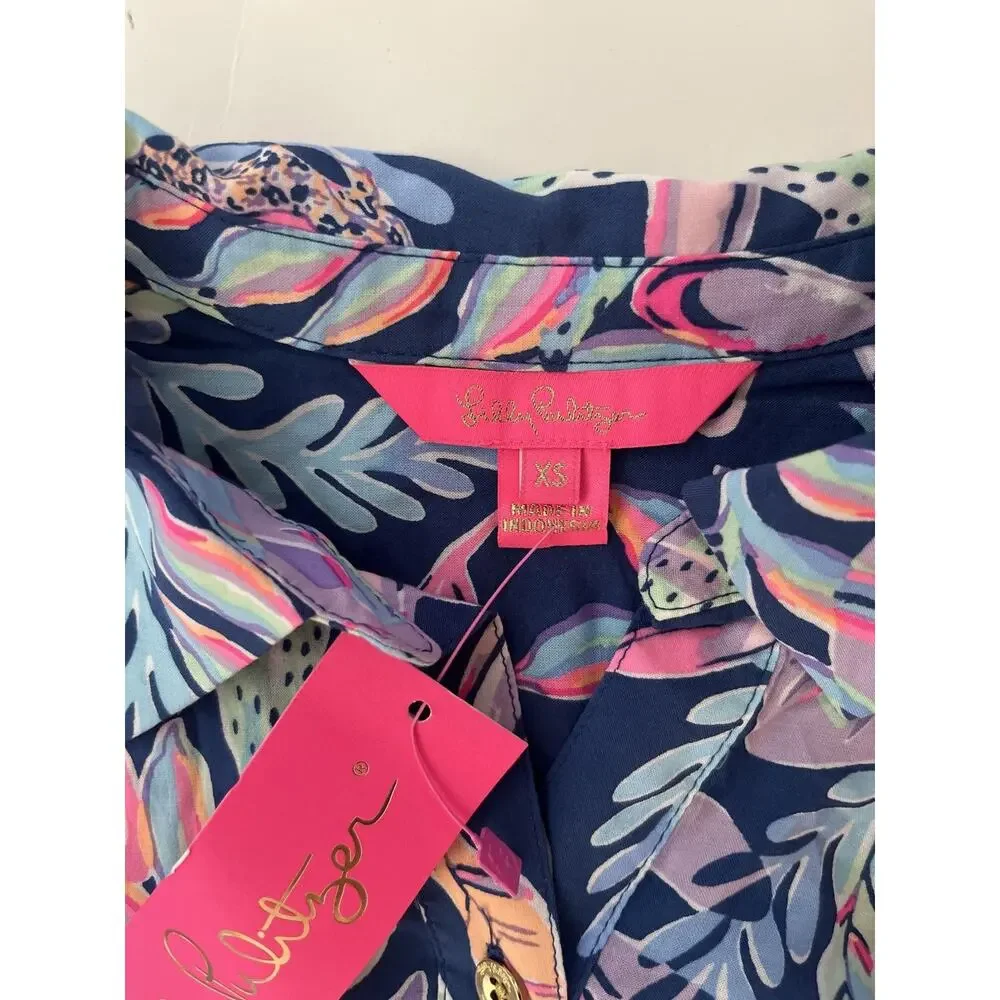 Lilly Pulitzer Natalie Cover Up Womens XS Blue Tropical Print Button Front Tunic